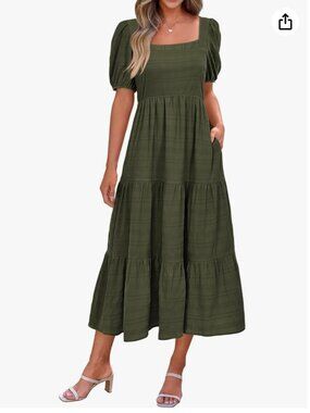 Puff Sleeve Square Neck High Waist Smocked A-Line Flowy Loose Fit Midi Dress - S